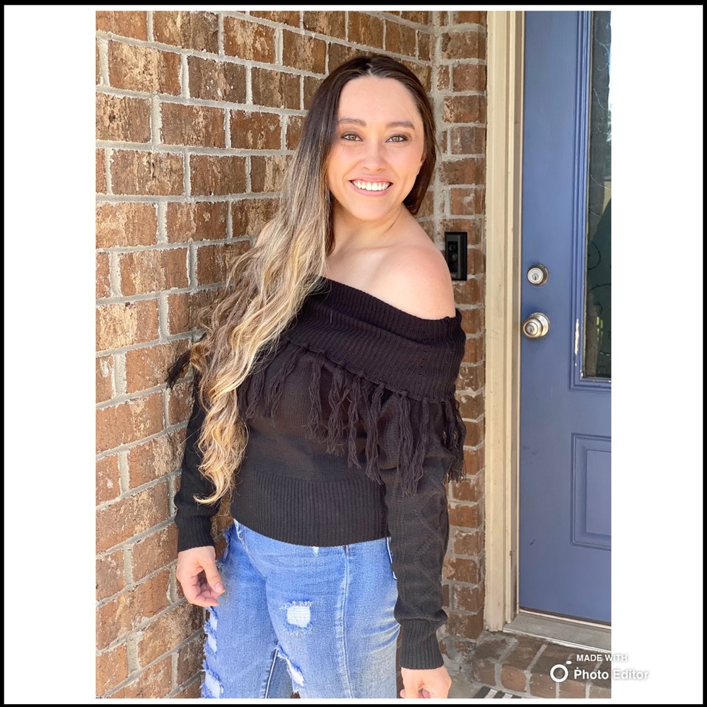 Black Fringe Off The Shoulder Sweater